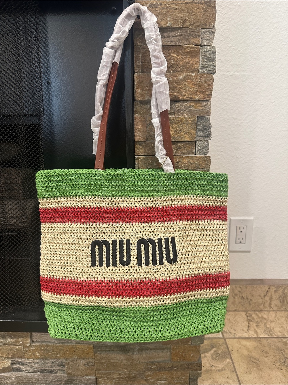 Green, Red & Cream Striped Straw Tote